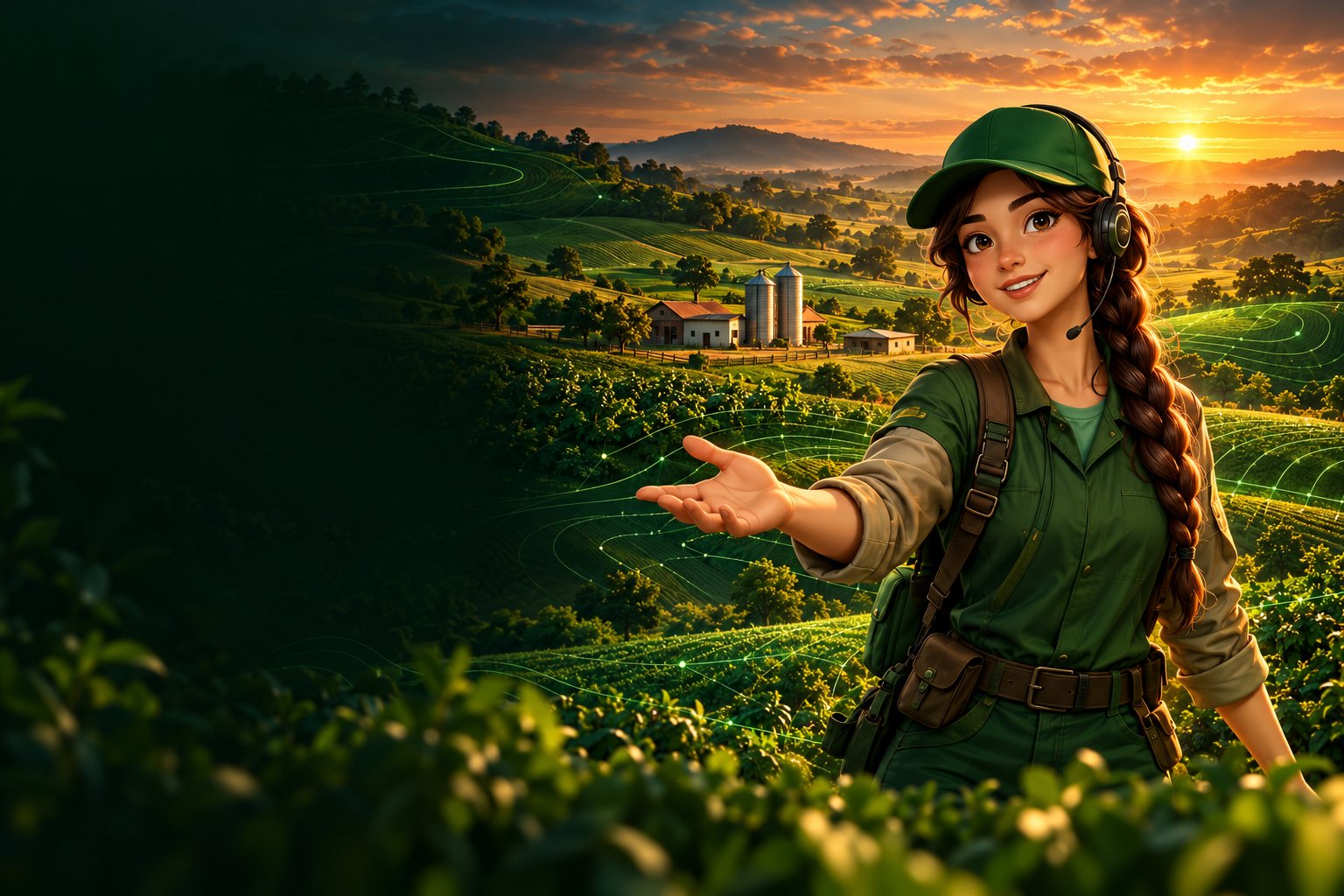 Sol recebe o visitante em uma paisagem agrícola ao pôr do sol, com linhas sutis de conexão digital.