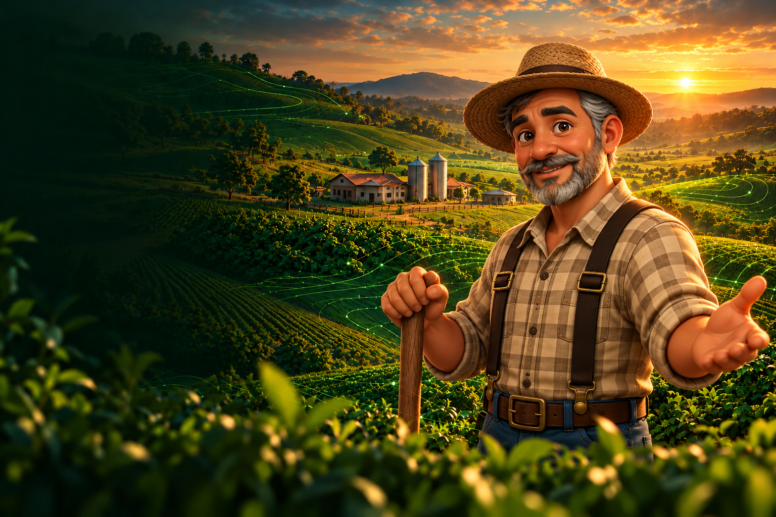 Tião, de chapéu de palha, recebe o visitante em uma paisagem agrícola ao pôr do sol.